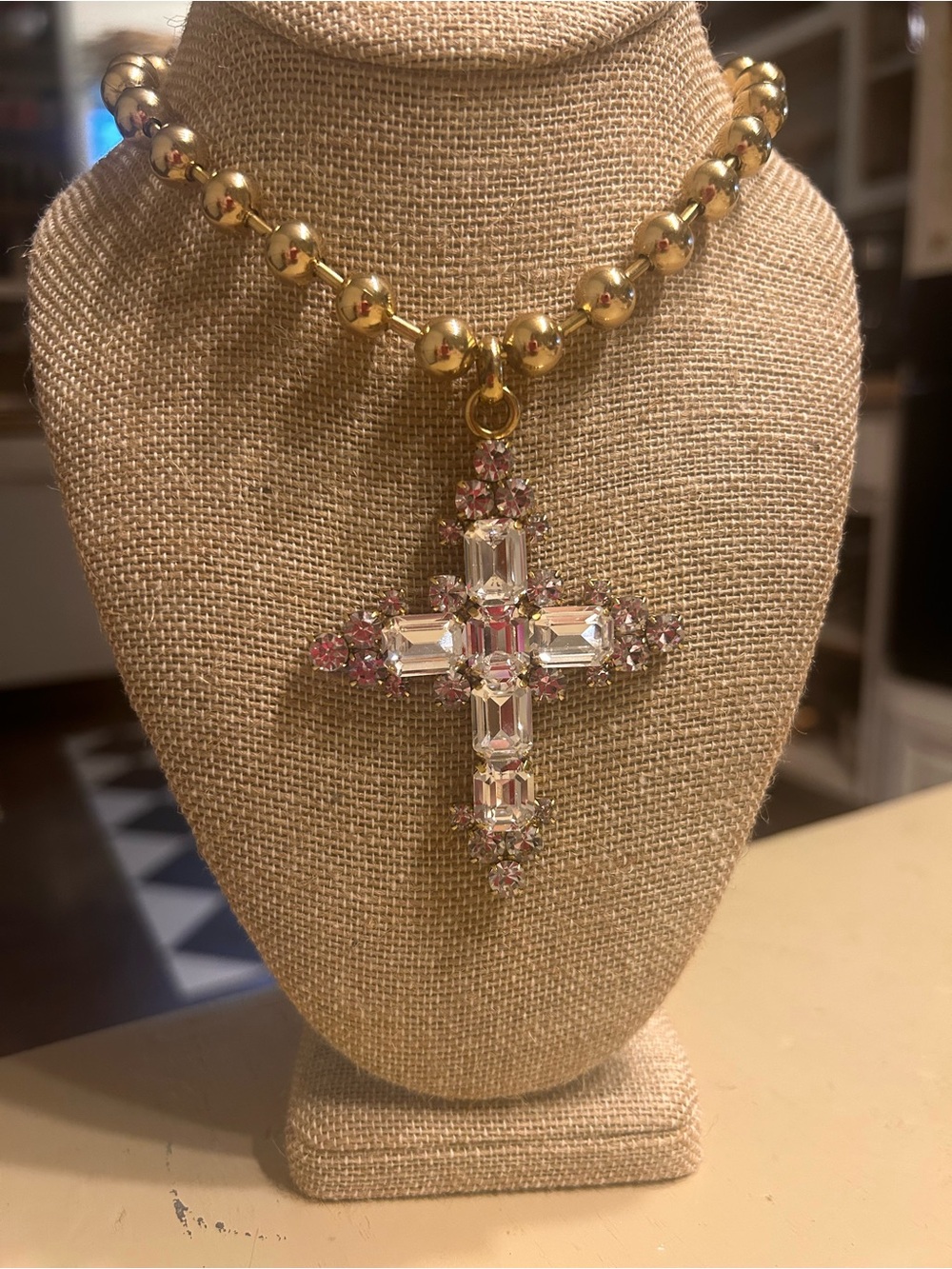 TOVA Ashley cross Gold Bead Necklace  Crystal Cross Pendant